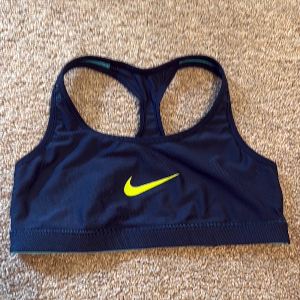 Nike Blue and Yellow Sports Bra with Moisture-Wicking Fabric